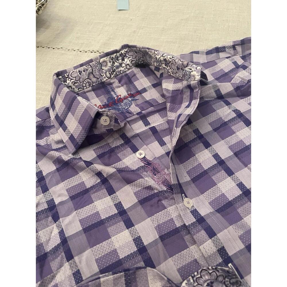 Robert Graham Long Sleeve Shirt Flip Cuff EUC Medium M Purple Checked Plaid